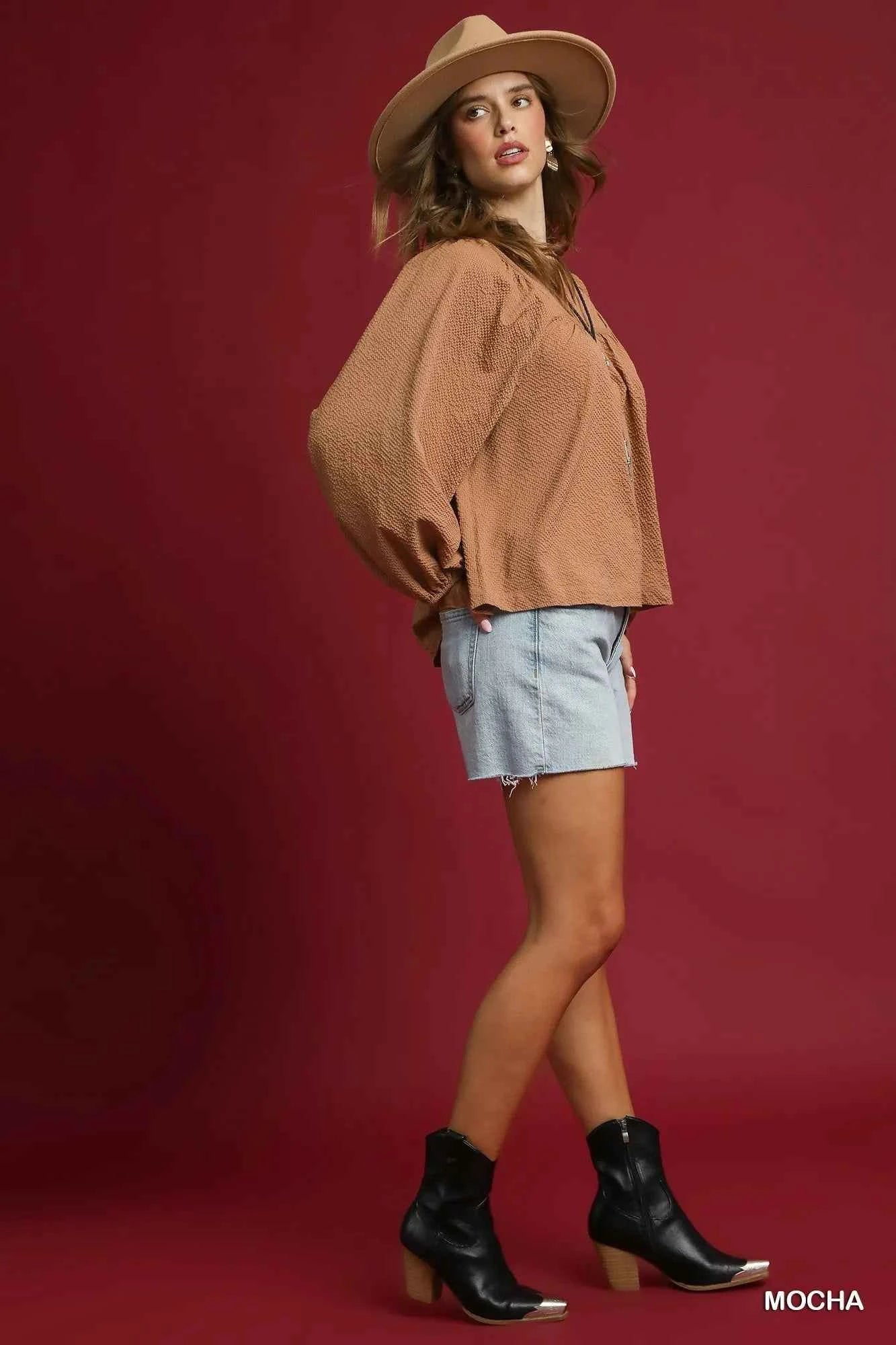 Umgee Textured Notched Blouse with Balloon Sleeves e47b1034-fc94-4ab8-bc30-9e3a2d6cbf12-Max-Origin