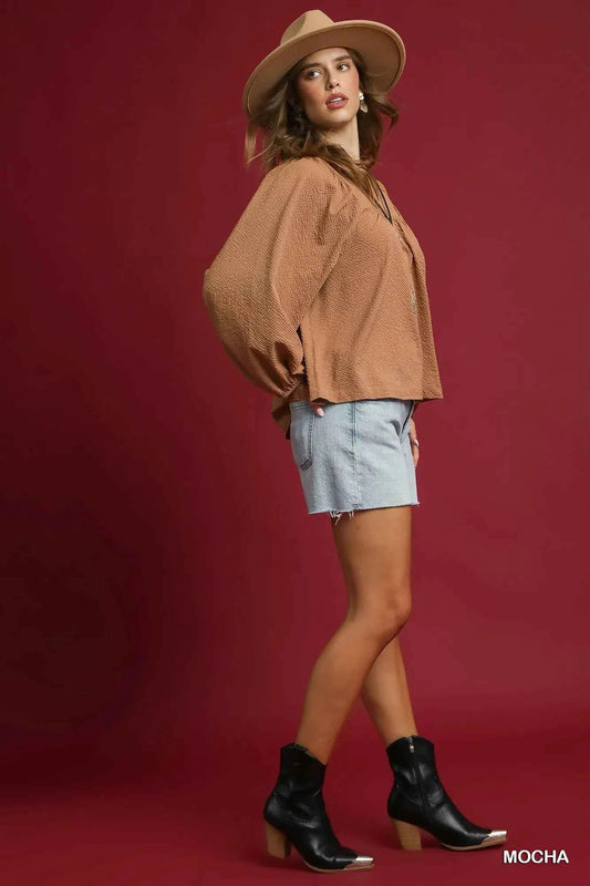 Textured Notched Blouse with Balloon Sleeves e47b1034-fc94-4ab8-bc30-9e3a2d6cbf12-Max-Origin