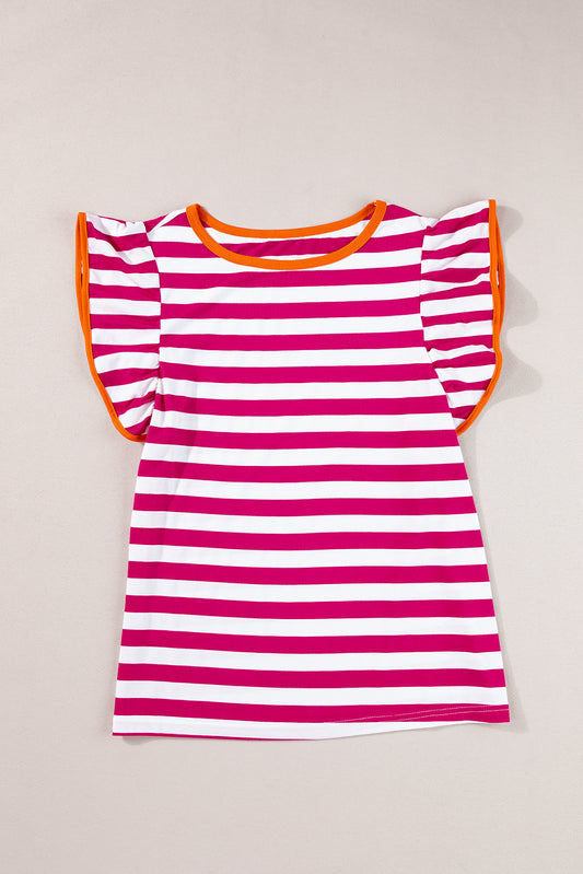 Rose Red Ruffle Sleeve Contrast Trim Striped Tee e47bf5e35d805c10