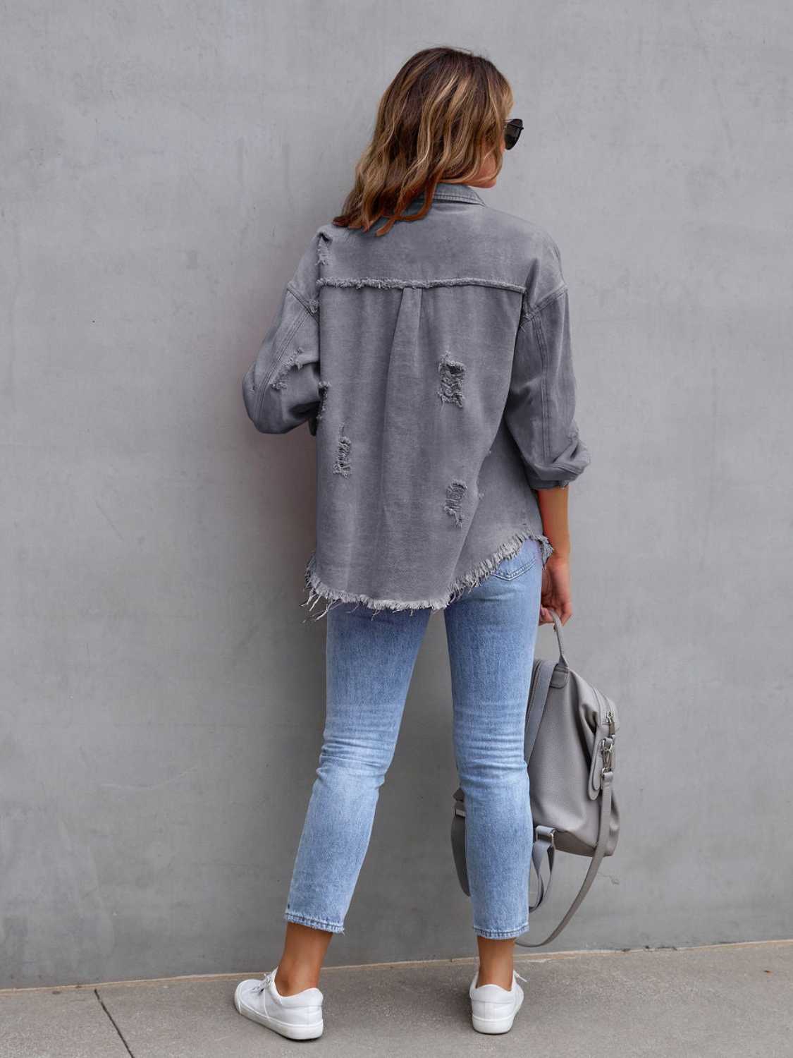 Distressed Drop Shoulder Denim Jacket e481ea6783f6420c8f8ade3c16db70b5-Max