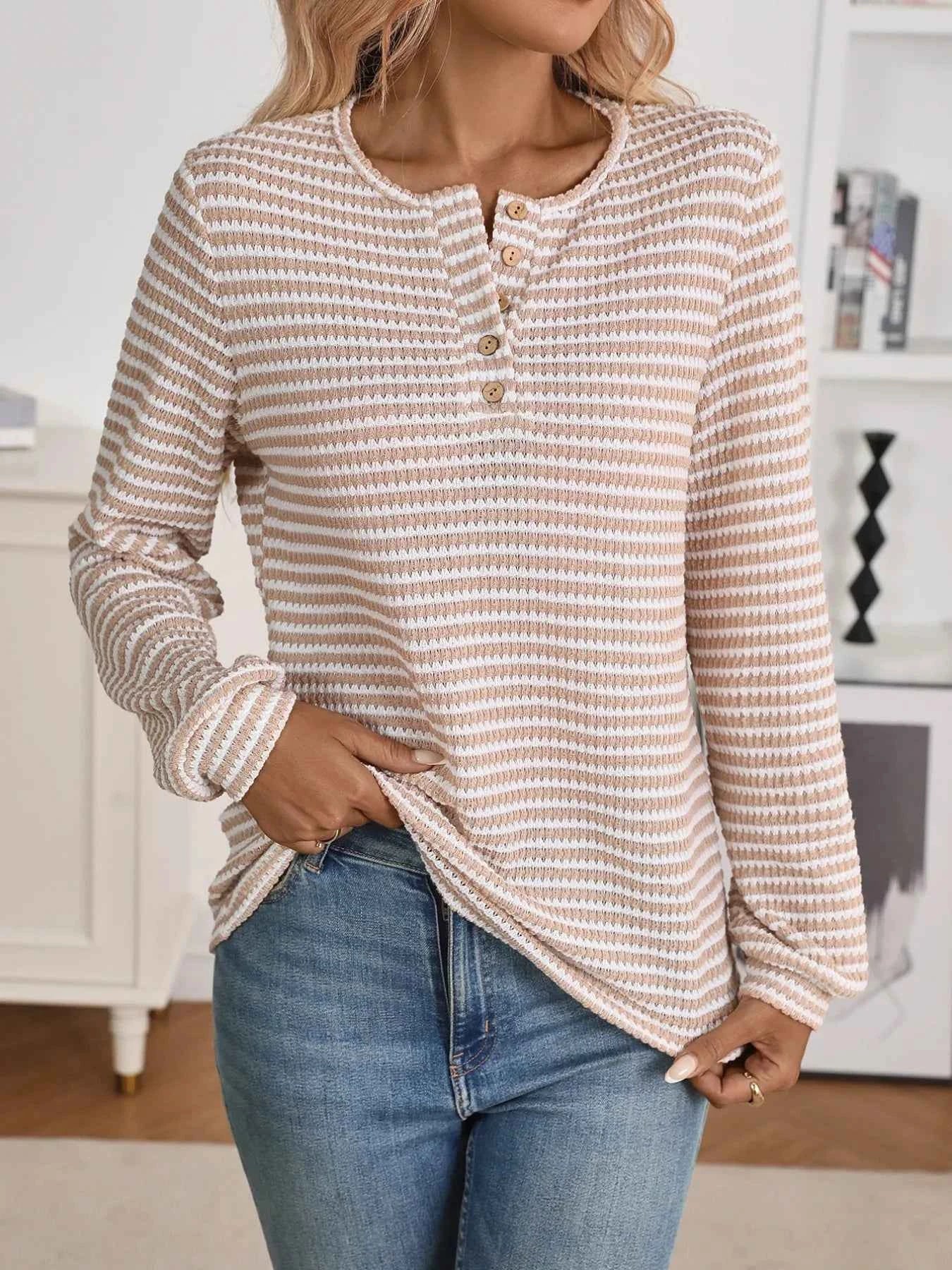 Striped Button Detail Long Sleeve Top e4831b4fa42041a788cac29e77c4f7d6-Max-Origin