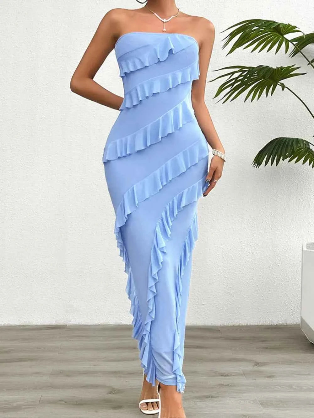 Ruffled Slit Back Tube Maxi Dress e4863215-8416-4b0c-a382-447277647bd8-Max