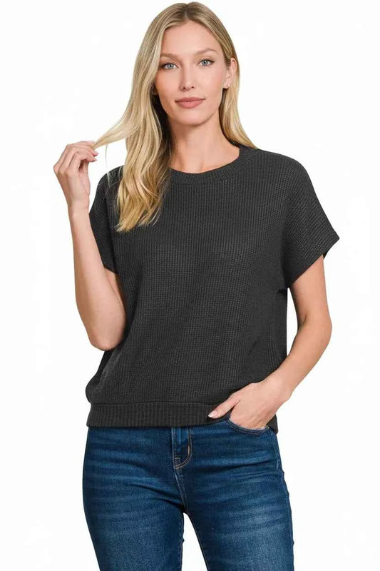 Round Neck Banded Botton Short Sleeve Sweater e488488a-14fc-4d3f-883f-d3d1fae7b32c-Max-Origin