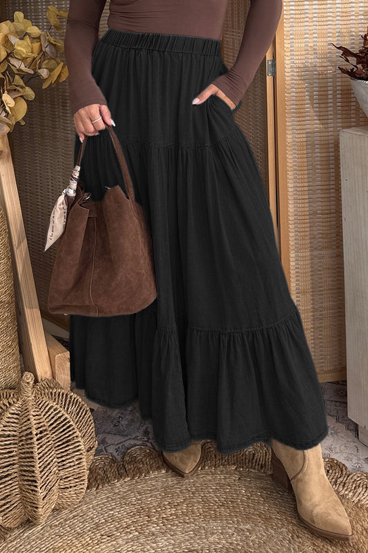 Black Elastic Waist Ruffled Tiered Flared Denim Maxi Skirt e489f46c9198f69e