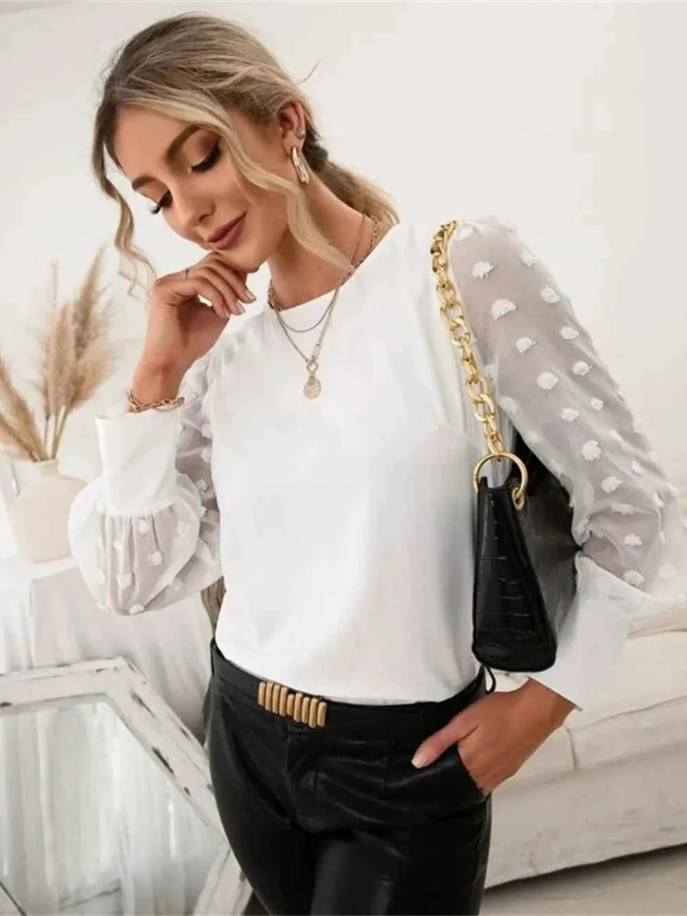 Swiss Dot Round Neck Long Sleeve Blouse White e4937714-a419-4011-8c05-5e4abf33d5ea-Max
