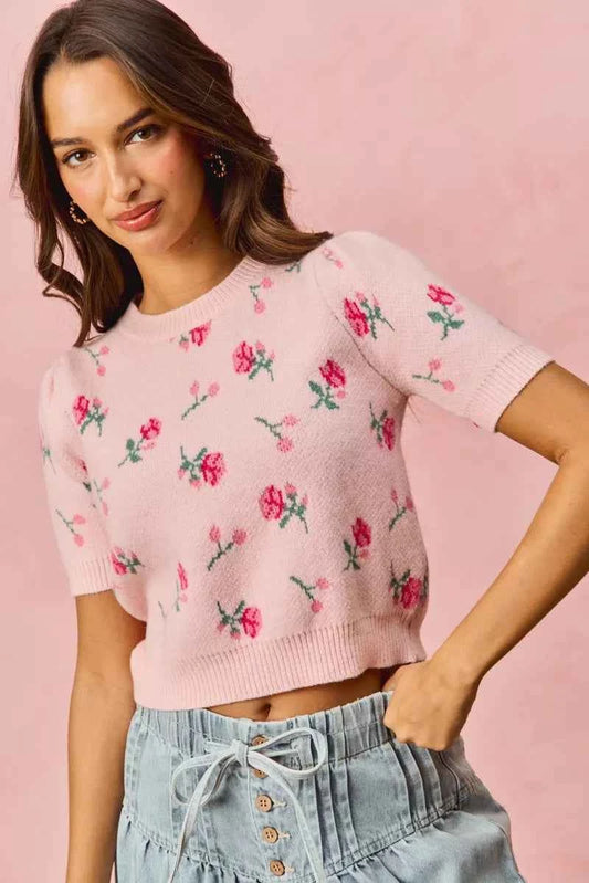 SO ME Floral Pattern Knit Puff Sleeves Sweater Top BLUSH PINK e493798e2cdd4a8cbcd0e9ca25c62226-Max-Origin