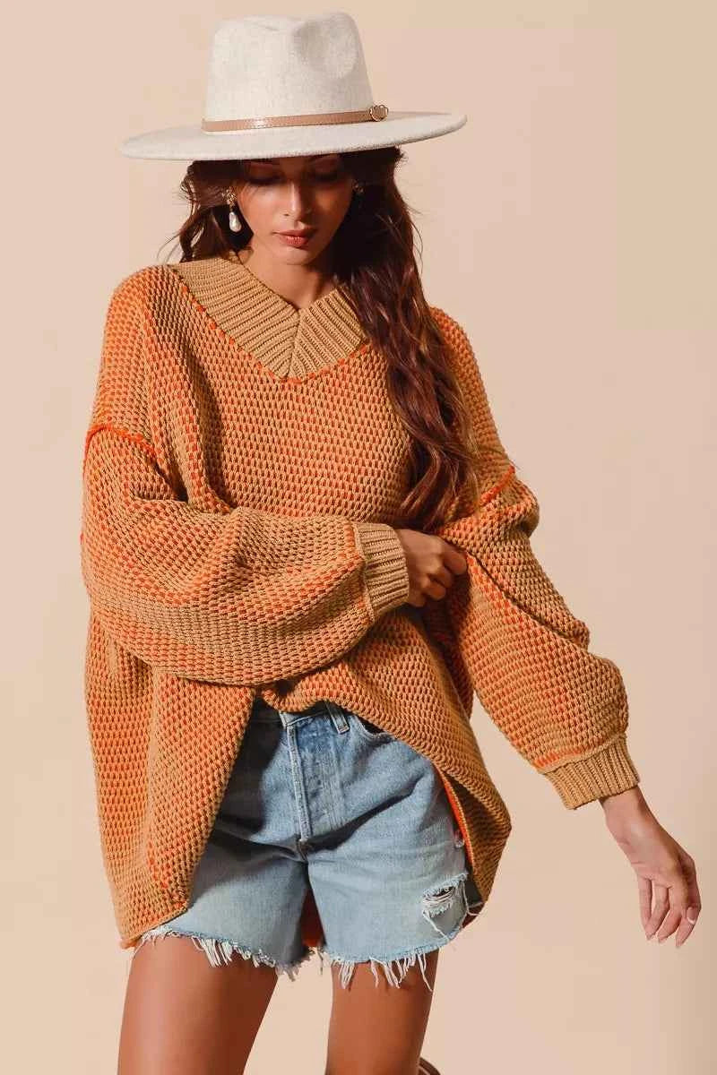 SO ME Oversized Two Tone Textured V Neck Sweater e49b6f520fce45d480236cd44e052f55-Max-Origin