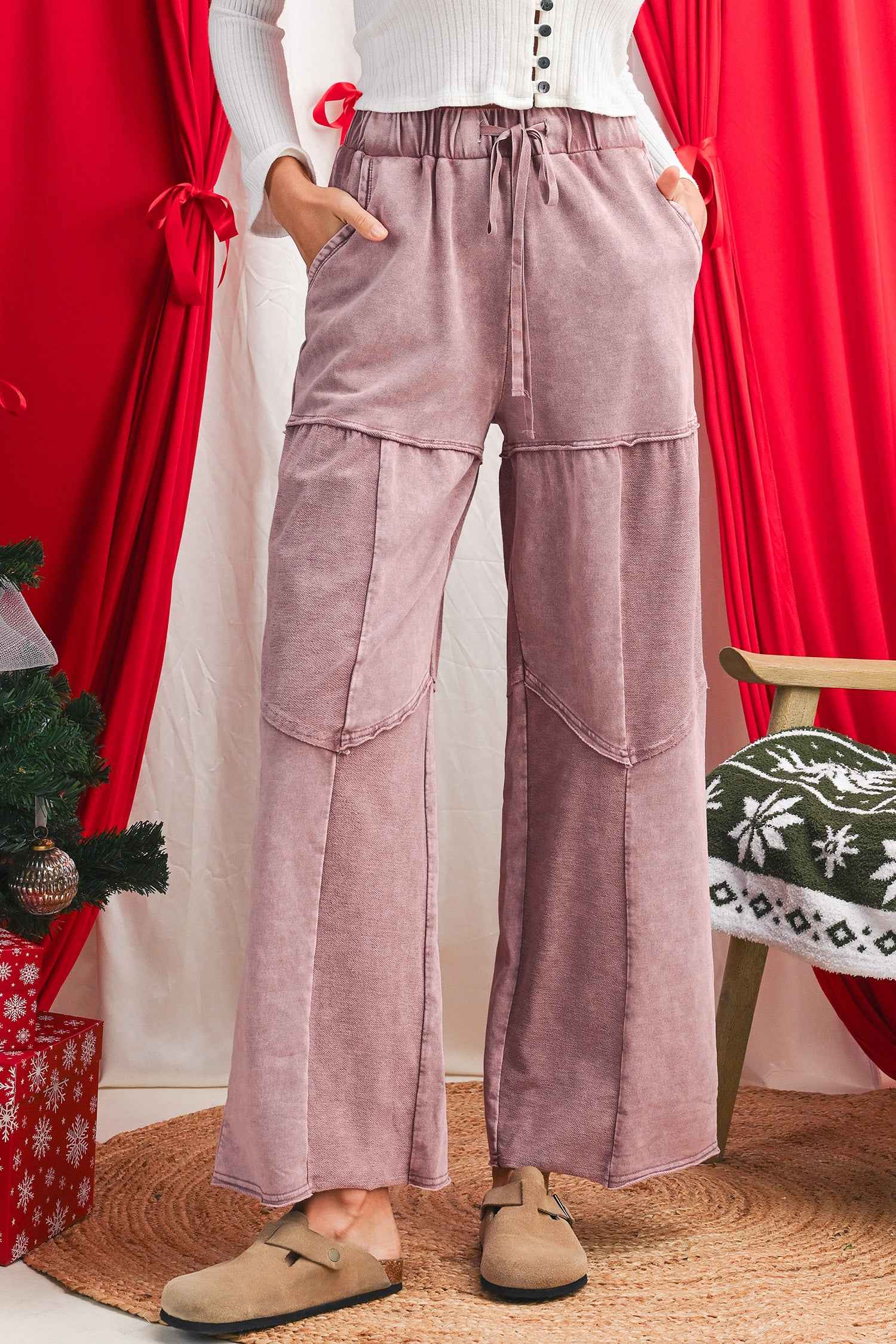 Ashleigh Blue Careys Mineral Wash Tiered Wide Leg Patchwork Drawstring Pants Straw Yellow 85%Cotton+15%Polyester e49f7d4495ea1b4b