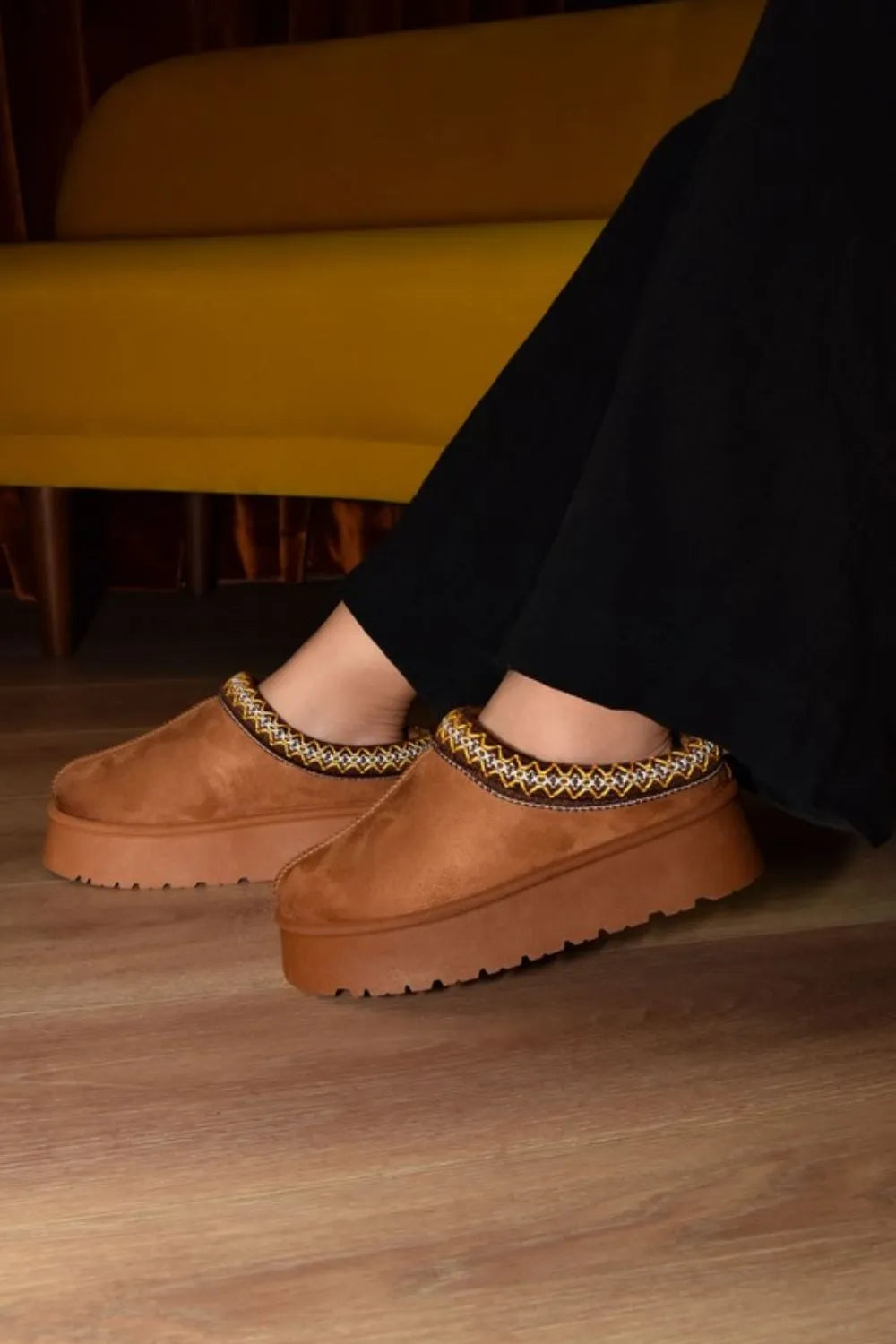 WILD DIVA Embroidered Trim Round Toe Platform Boots Brown e4a2d603-f692-4c41-aa9f-4edfd01b7d89-Max