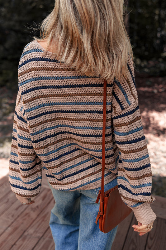 Multicolour Striped Knitted Drop Shoulder Crew Neck Sweater e4a60789ff69e123