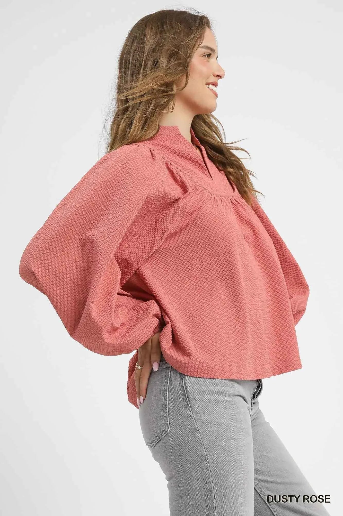 Umgee Textured Notched Blouse with Balloon Sleeves e4a87382-4b0a-4903-b2cc-7525a18b8610-Max-Origin