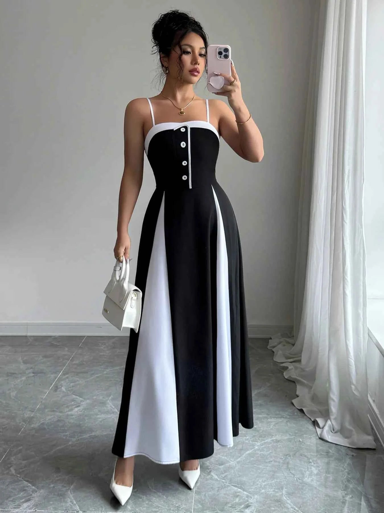 Decorative Button Contrast Maxi Cami Dress e4a97411-ede8-42dc-a6e6-98dd6977018c-Max-Origin