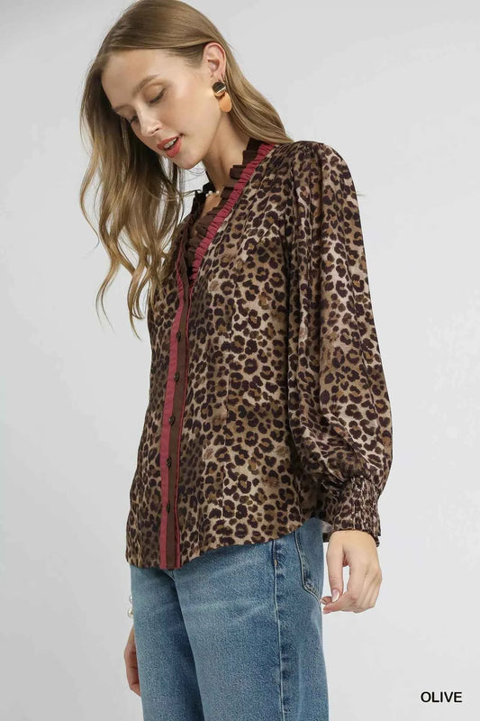 Umgee Ruffle Trim Leopard Print Shirt e4a992e9-394d-4365-a26e-69105c56b975-Max-Origin