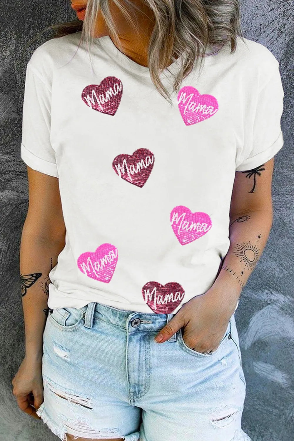 MAMA Heart Shape Sequin Patched Crew Neck T Shirt White e4b0a51e-a5dc-438b-bae4-885963ca8df4-Max-Origin