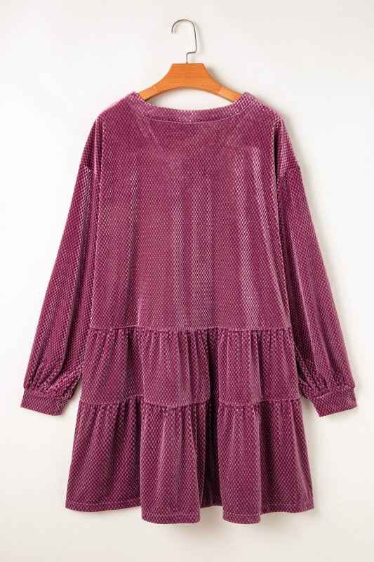 Plus Size Textured Velvet Buttoned Tiered Dress e4b7f49f-9cd5-4b59-aa2c-2b93a8805671
