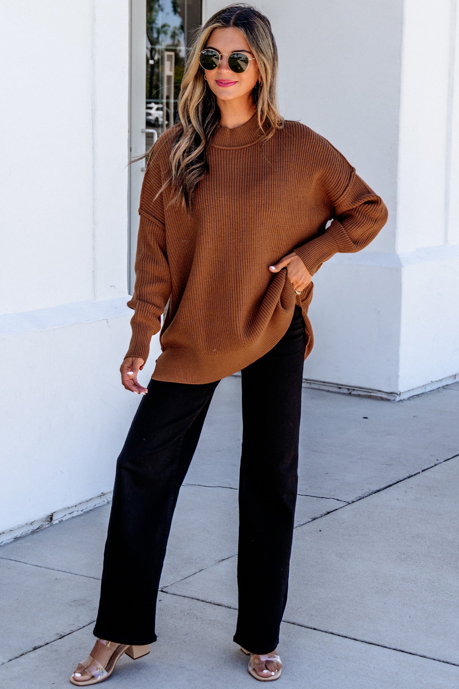 Chestnut Long Sleeve Ribbed Knit Stand Neck Regular Fit Sweater e4b99386f020aeb5