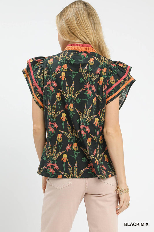 Mix Floral Print Blouse with Contrast Trim e4bbe822-4abd-4fa7-8880-e5933ef17259-Max