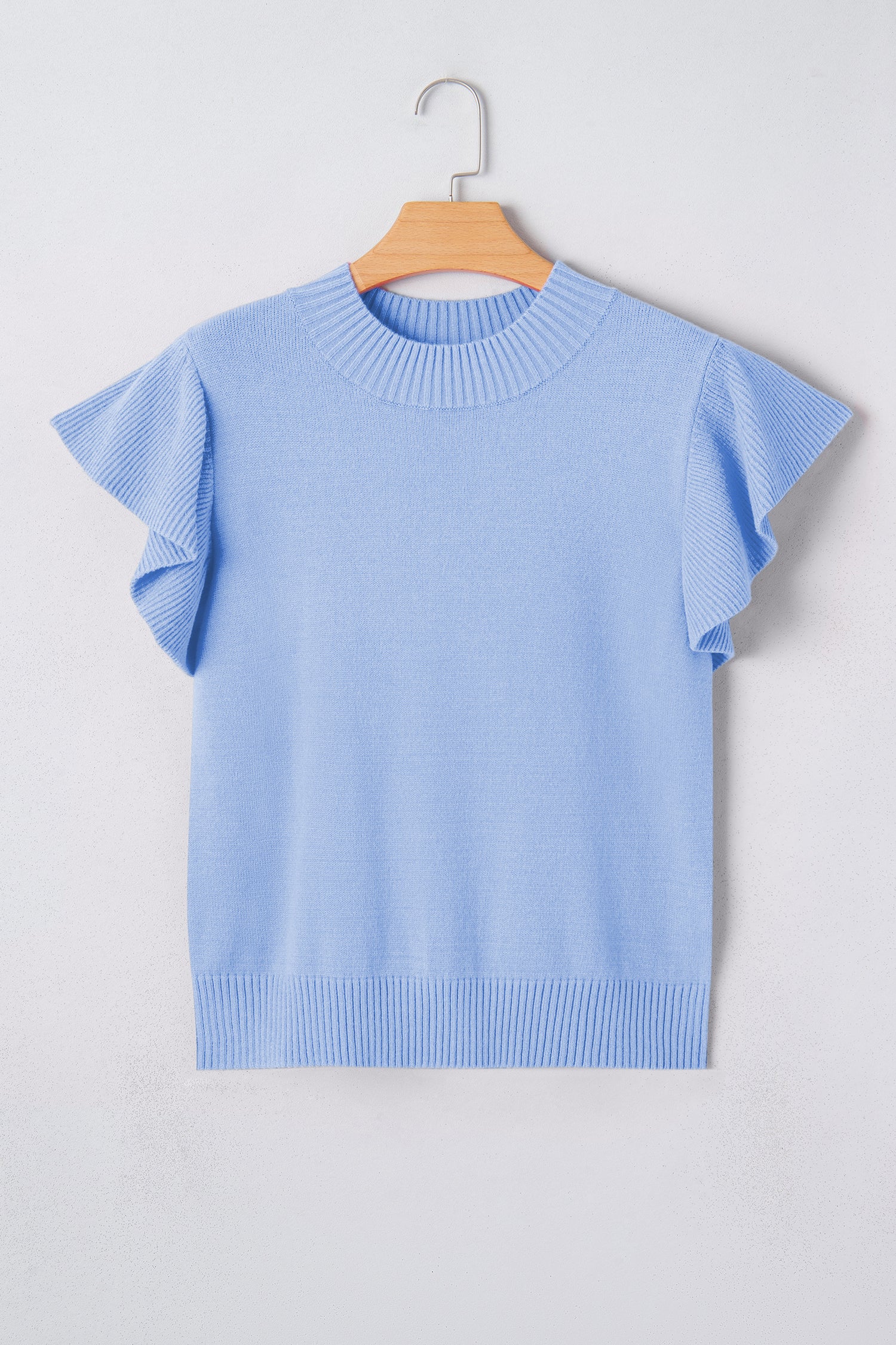 Beau Blue Solid Color Ribbed Trim Round Neck Ruffle Short Sleeve Sweater e4c64e3ee65d3d72