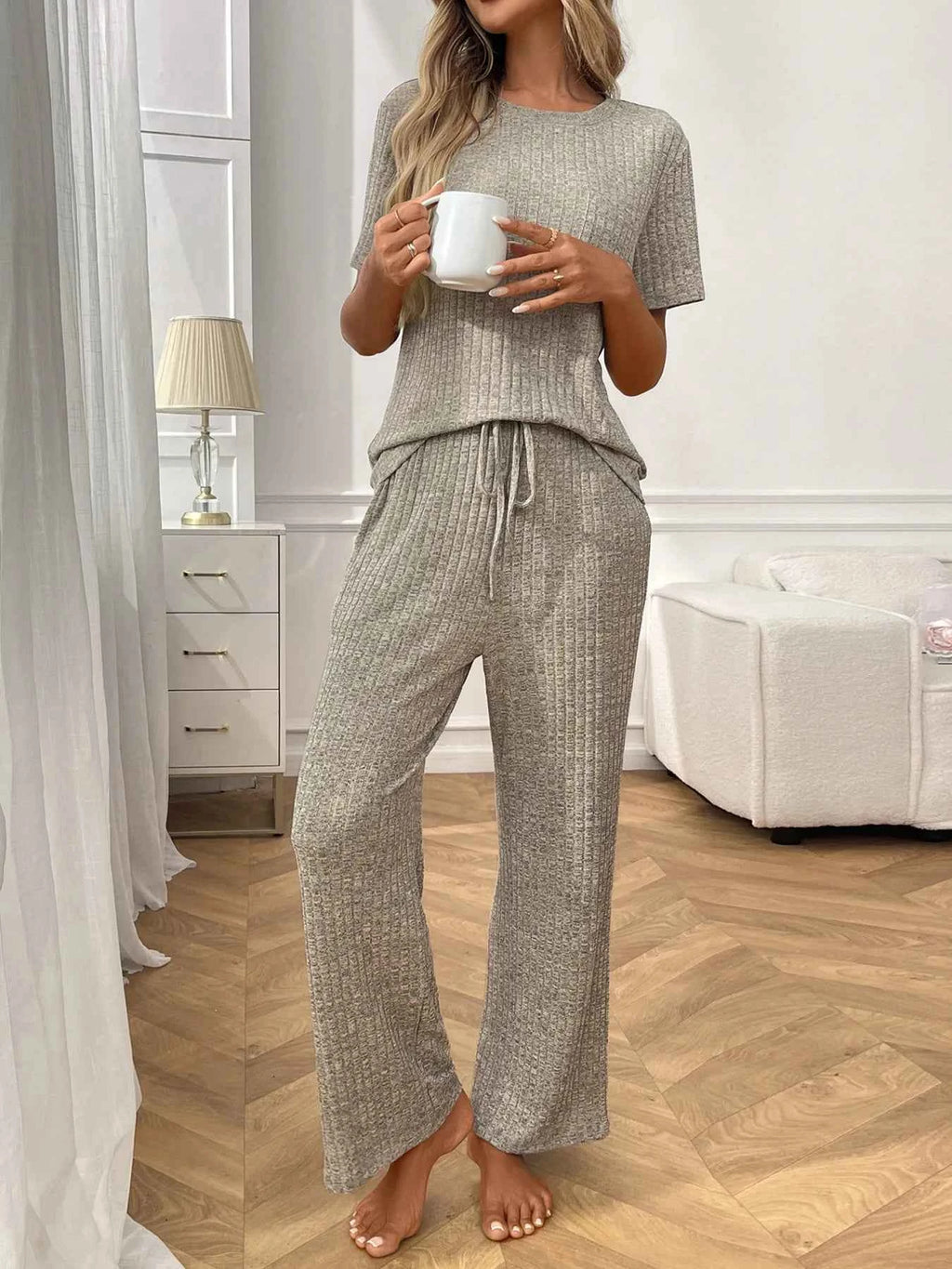 Ribbed Knit Short Sleeve Top and Pants Lounge Set Khaki Color e4c6d4df8e344fd485250aee248dd9a4-Max-Origin