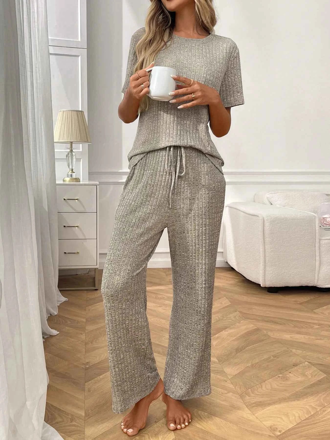 Ribbed Knit Short Sleeve Top and Pants Lounge Set Khaki Color e4c6d4df8e344fd485250aee248dd9a4-Max-Origin