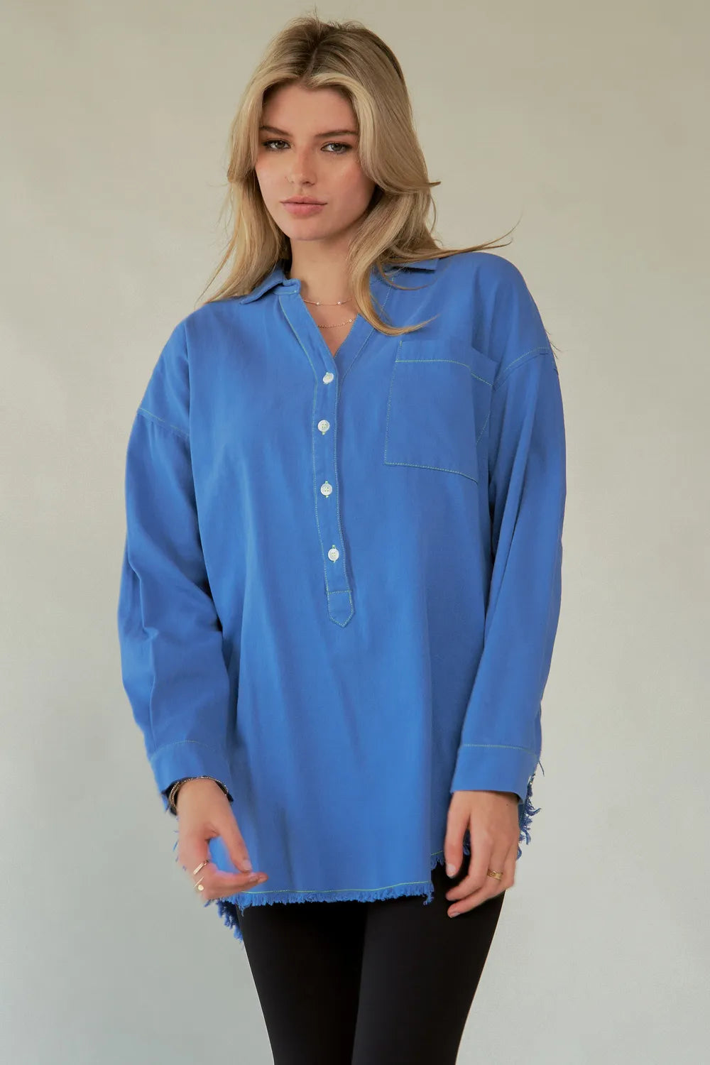 Davi & Dani Letter Back Raw Hem Half Button Shirt e4c988ef-d381-45eb-a5b1-83ffe0510bcc-Max