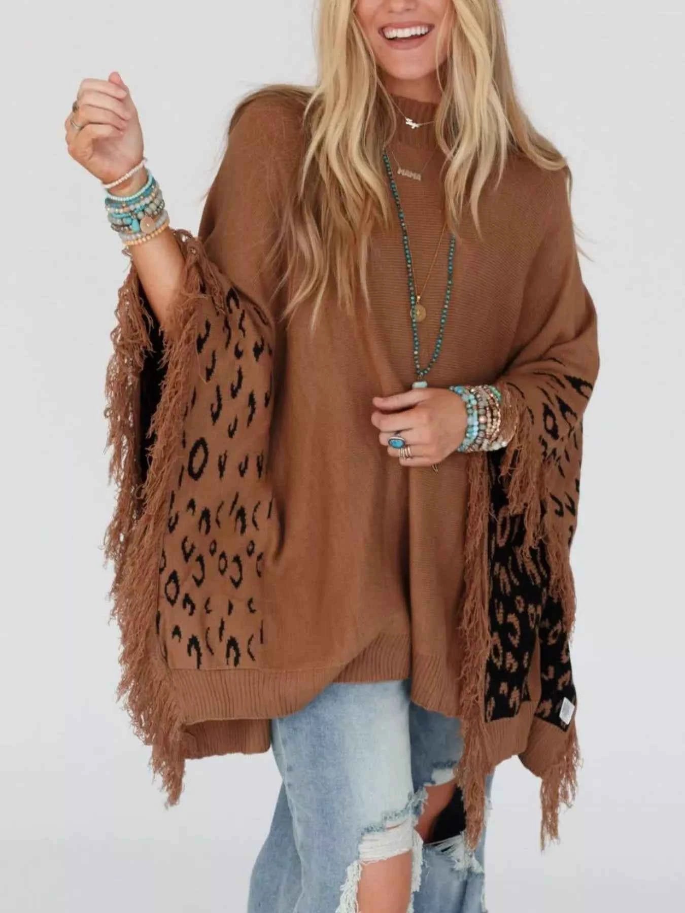 Fringe Leopard Mock Neck Batwing Sleeve Knit Top Brown e4c9ae9f-8902-44f2-b8d0-6d3ea6f6f017-Max-Origin