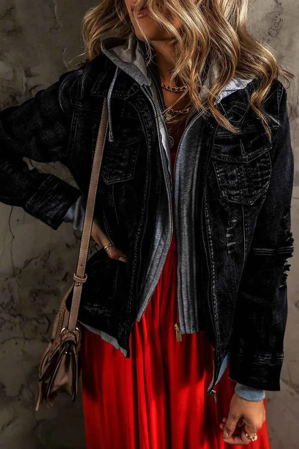 Fake Two-Piece Hooded Zip-Up Denim Jacket Black e4ca5057-0fab-4021-ad3e-7056615cfc58-Max
