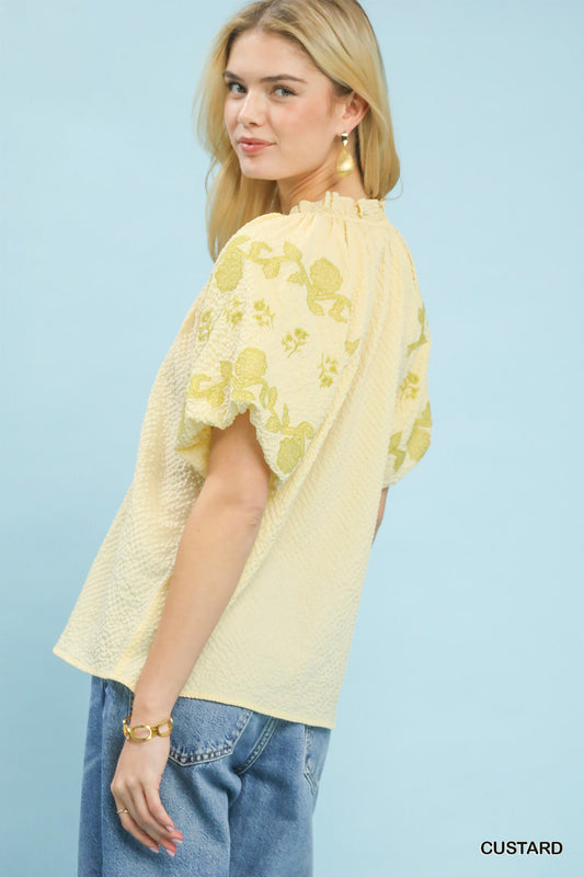 Embroidered Textured Flutter Sleeve Top e4cea7b5-1adb-4aa9-a531-3ac4bdabdf8a-Max