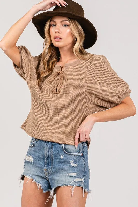 SAGE+FIG Lace-Up Waffle Knit Crop Top e4d0d108-6dfc-43ed-9ea4-7baa969d3a27-Max