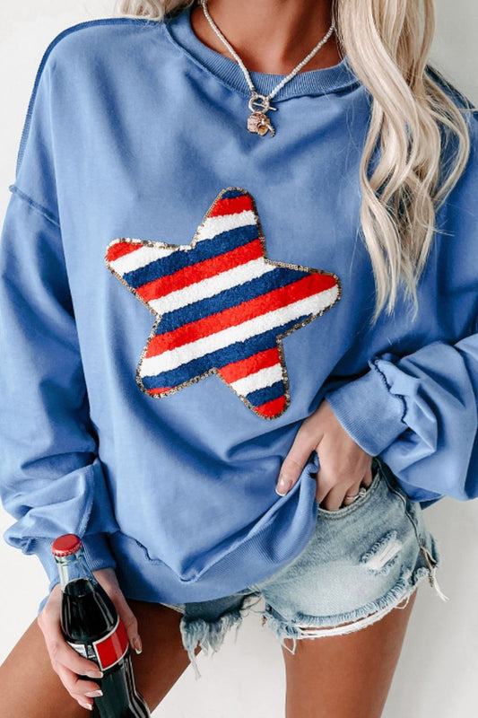 Star Patch Round Neck Long Sleeve Sweatshirt