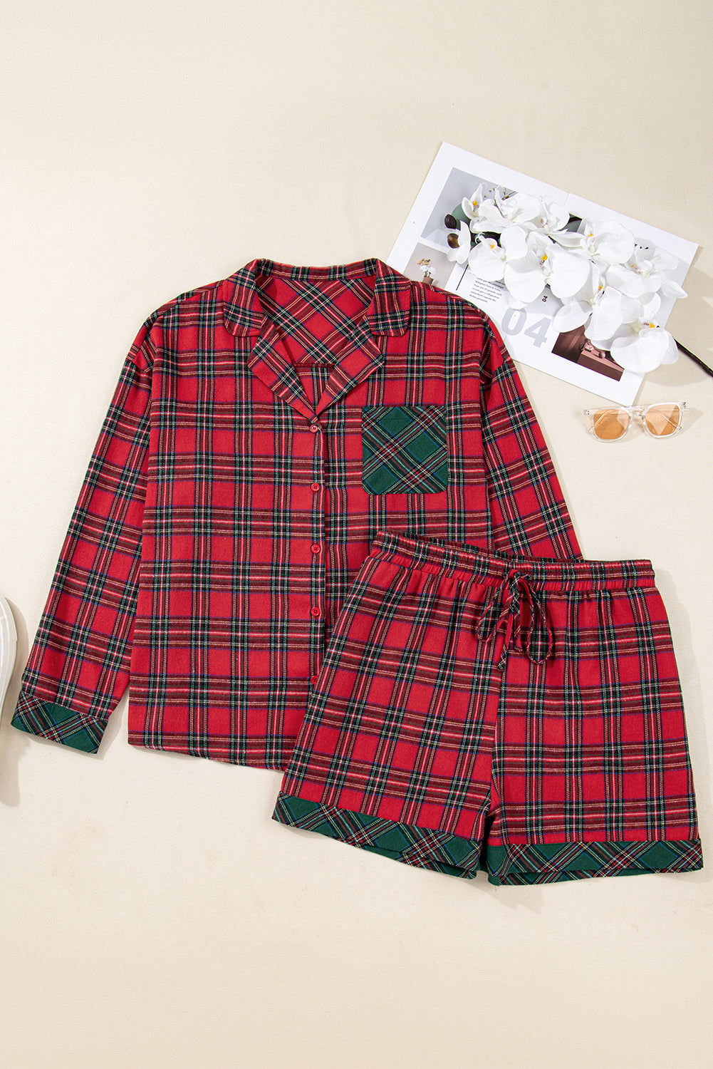 Red Plus Size Plaid Patchwork Long Sleeve Shirt and Shorts Pajama Set e4dddda3e06ff54b