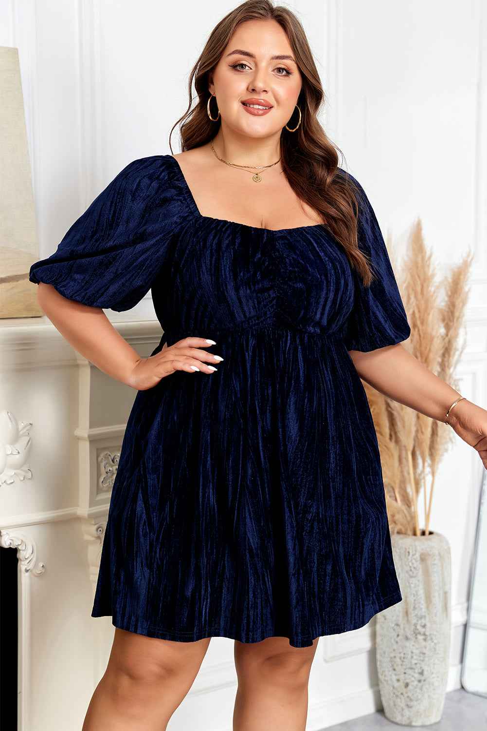 Navy Blue Velvet Ruched Bust Square Neck Short Puff Sleeve Plus Dress e4e04d24d0e84cdf