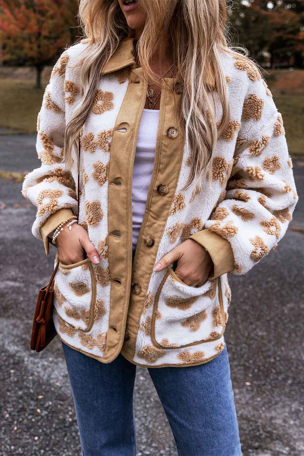 Light French Beige Cute Flower Pattern Button Up Fleece Jacket e4e0d2e307c02e64