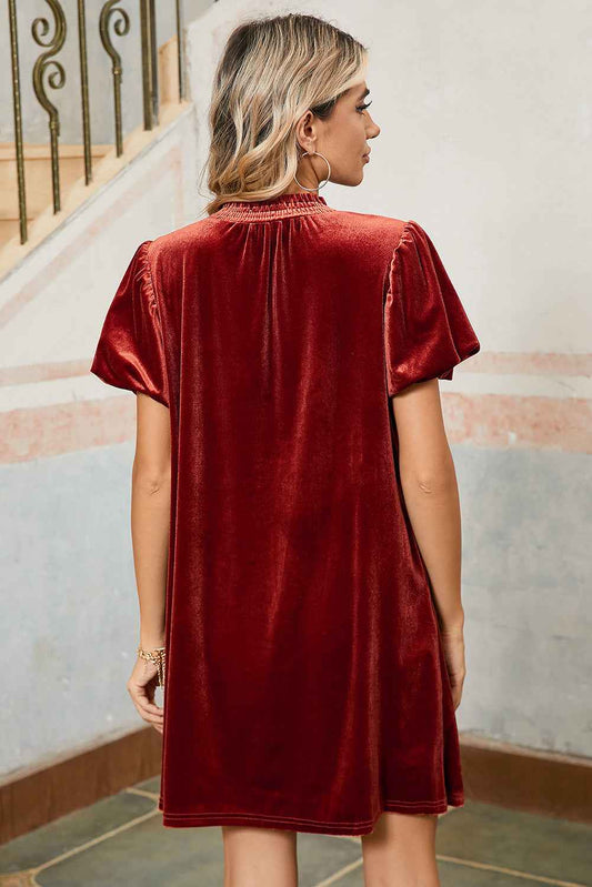 Cinnamon Velvet Smocked Neckline Puff Sleeve Shift Mini Dress e4e80029a2ad4b41