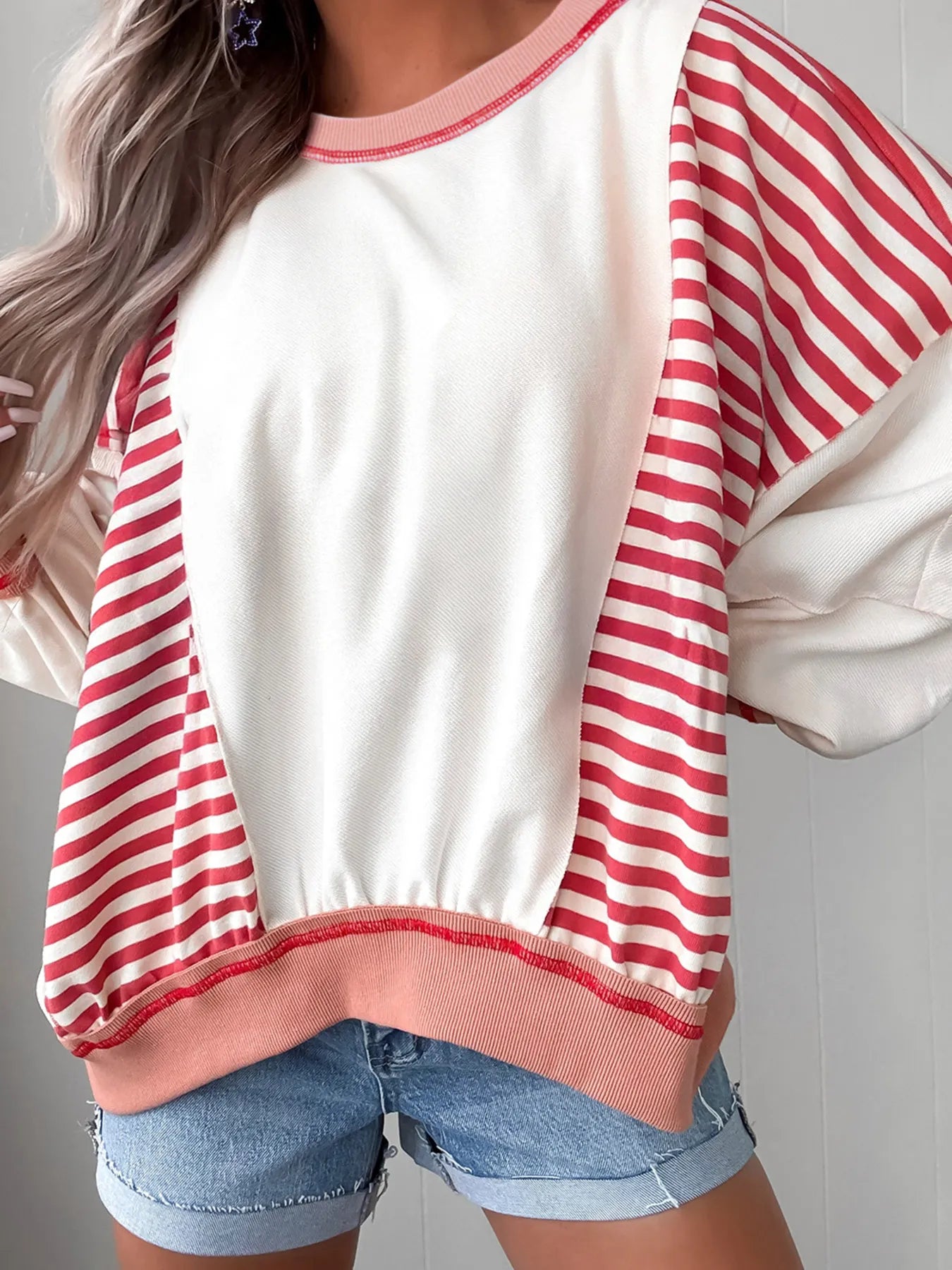 Stripe Color Block Contrast Stitching Oversize Sweatshirt Coral e4ecf1847dc5482aa30020ef0ef134a9-Max-Origin