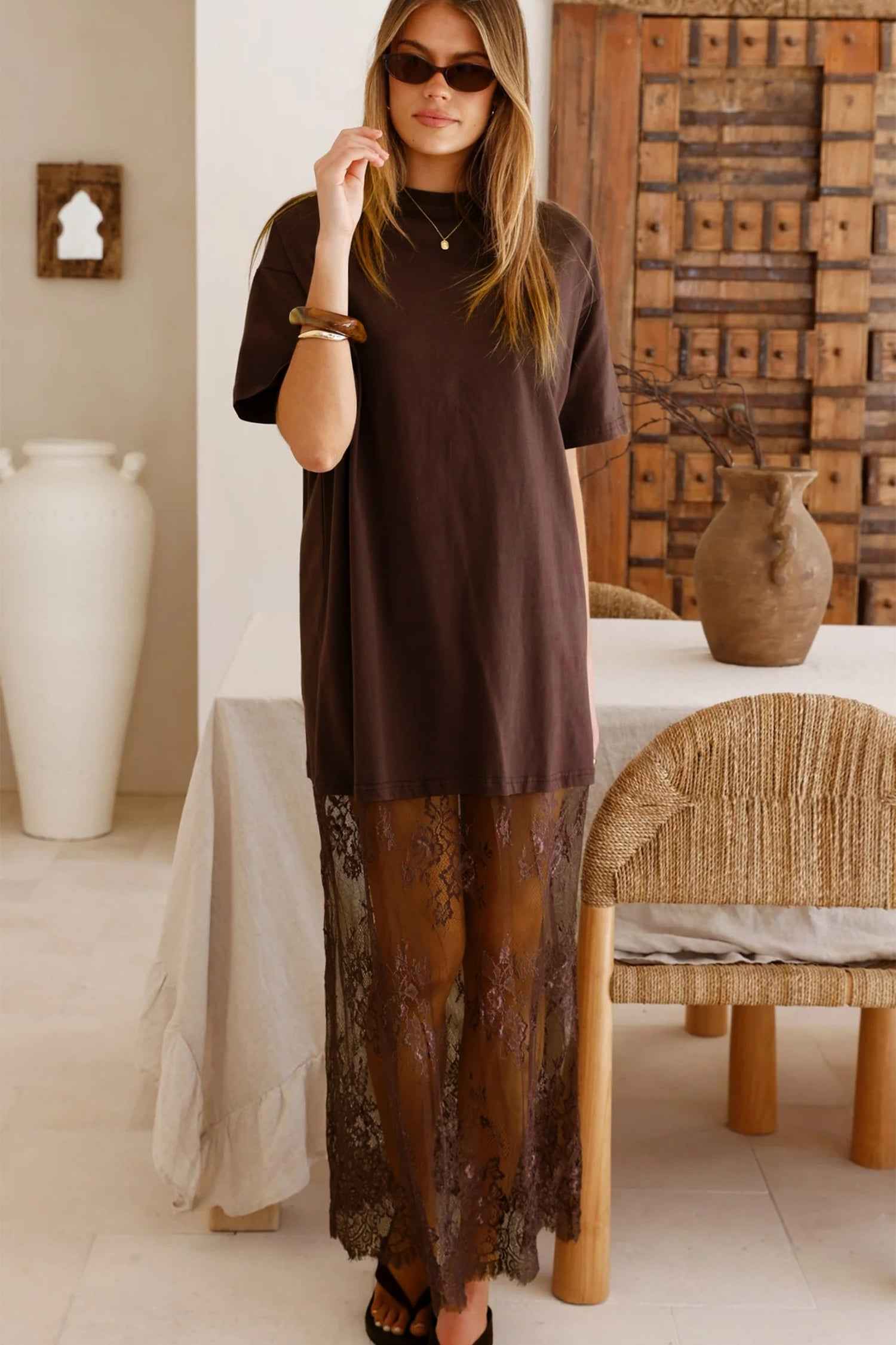 Red Sandalwood Floral Patchwork Short Sleeve T Shirt Loose Maxi Dress e4f2d04ae7341399