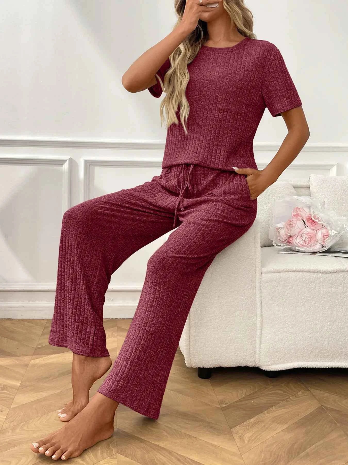 Ribbed Knit Short Sleeve Top and Pants Lounge Set e4f4fe8e793c4ba298da54bb434817c9-Max-Origin