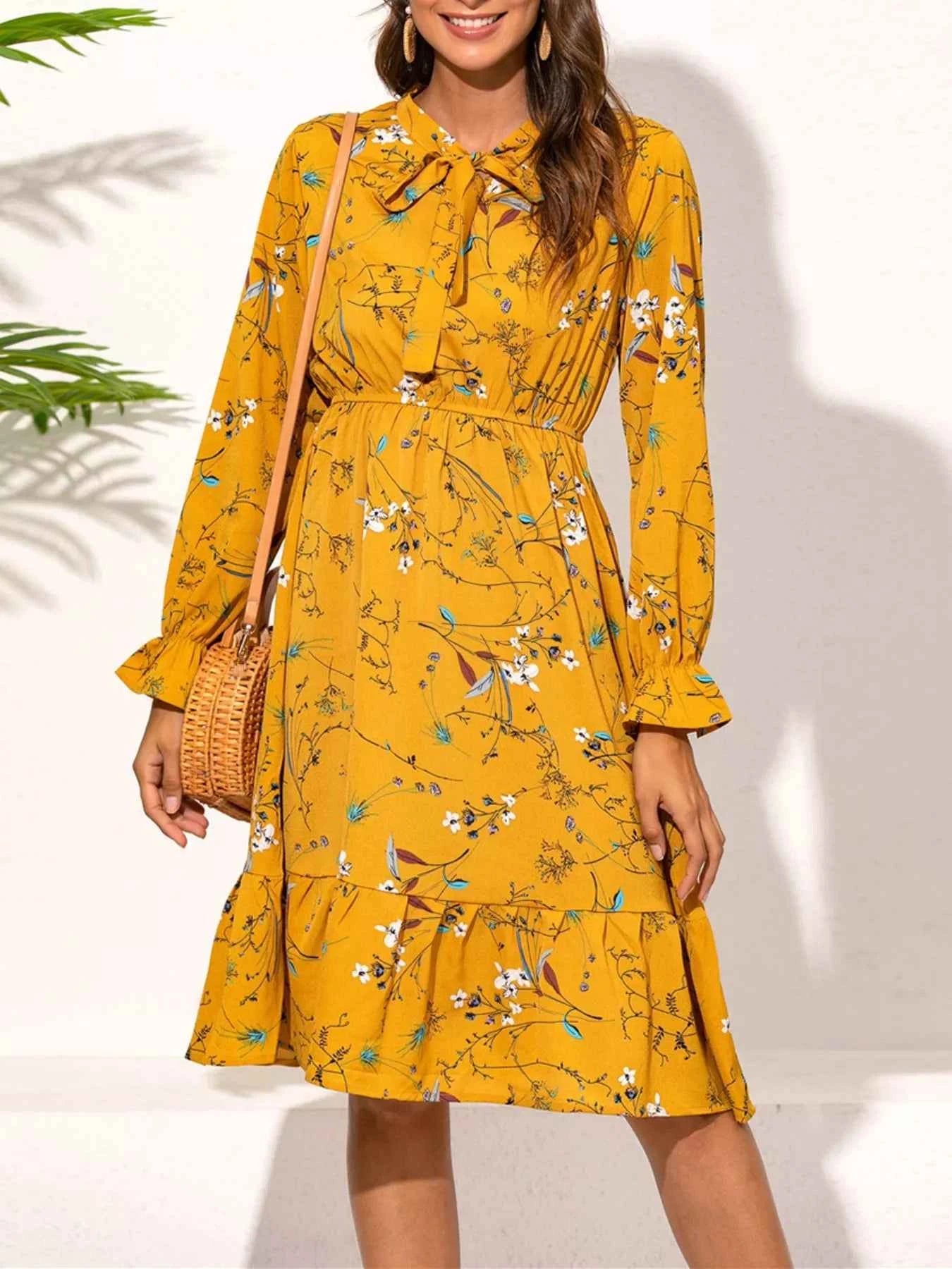 Ruffled Hem Floral Print Long Sleeve Dress Gold e4f680b3-b980-4a6a-bbae-a567f3b8bece-Max-Origin