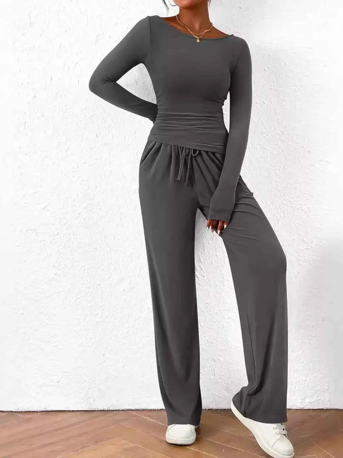 Long Sleeve Top and Wide Leg Pants Set Dark Gray e4fab612763147929af5ddc753cfd27f-Max-Origin