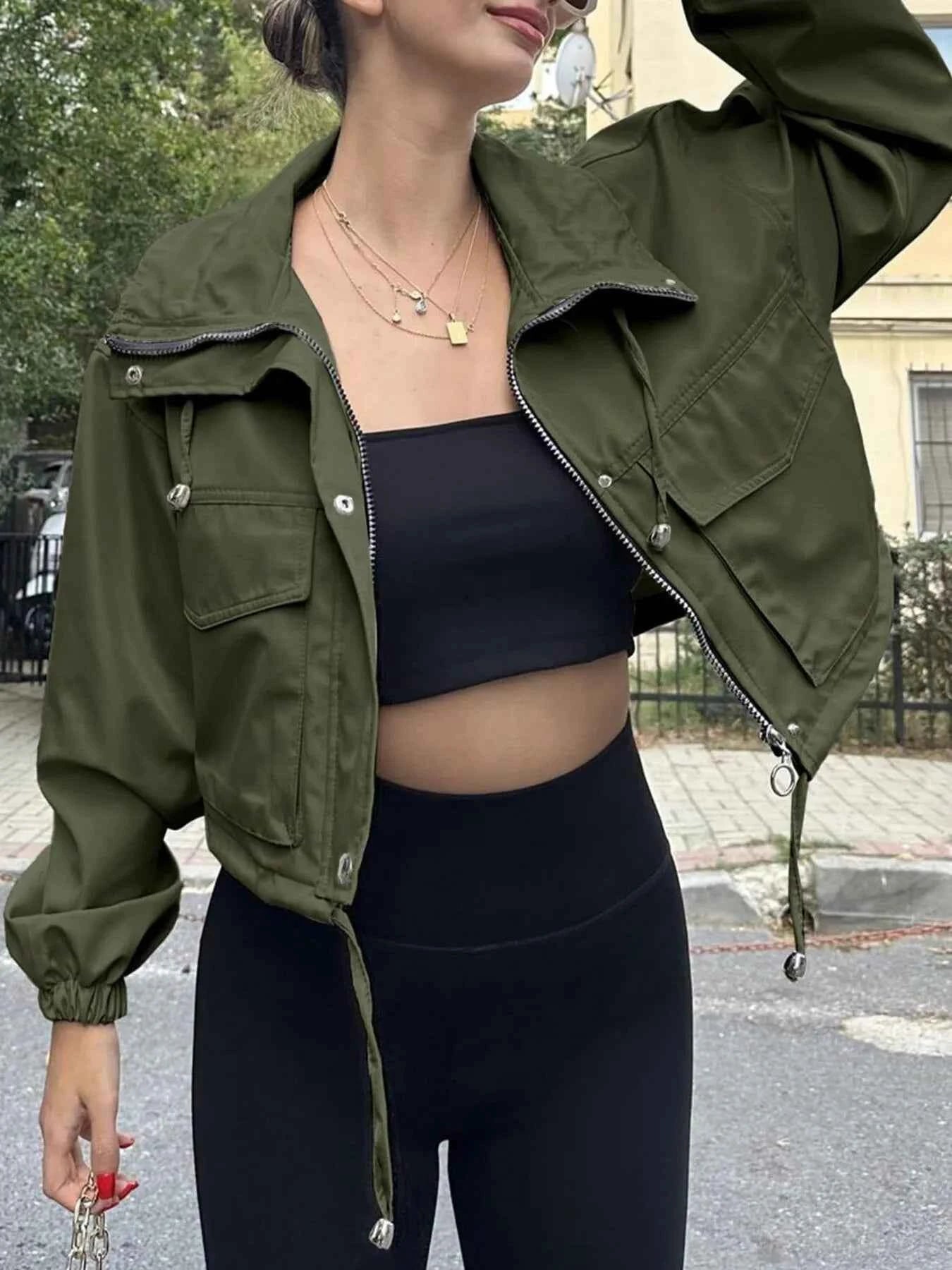 Drawstring Hem Zip Up Jacket Army Green e4fbf61244d240f3b8b8fa741cb6c09f-Max-Origin