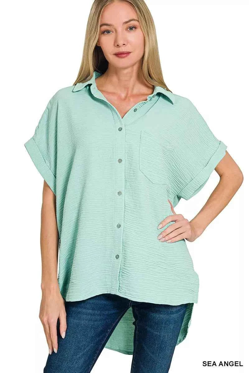 Zenana Woven Airflow Button Down Shirt SEA ANGEL e4fe828da2dc46f5bfd3556cc9d0a822-Max-Origin