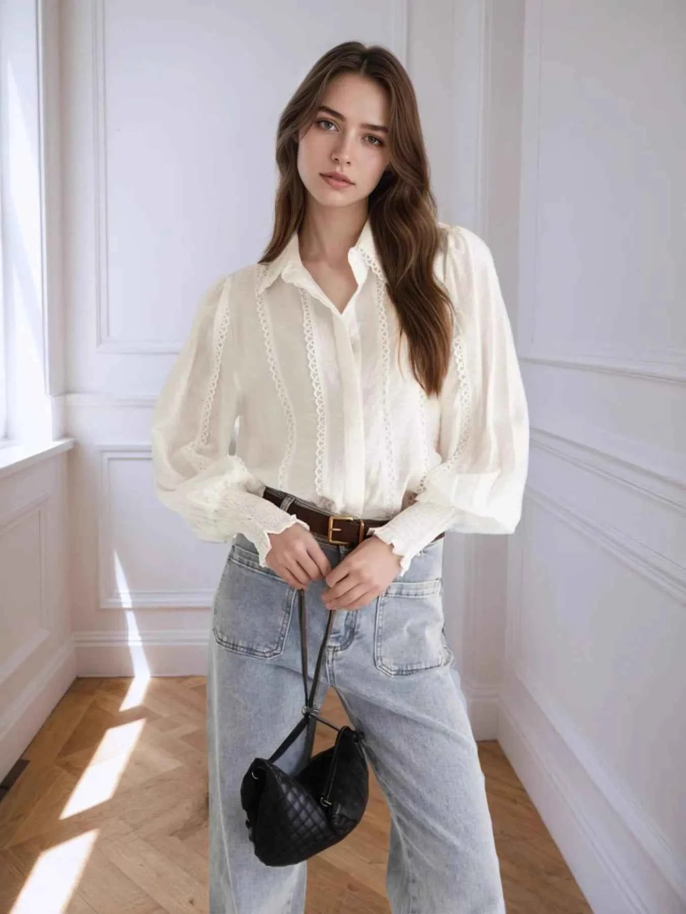 Collared Neck Lantern Sleeve Shirt e5072fc88b9543f88974c8ee0795553e-Max-Origin