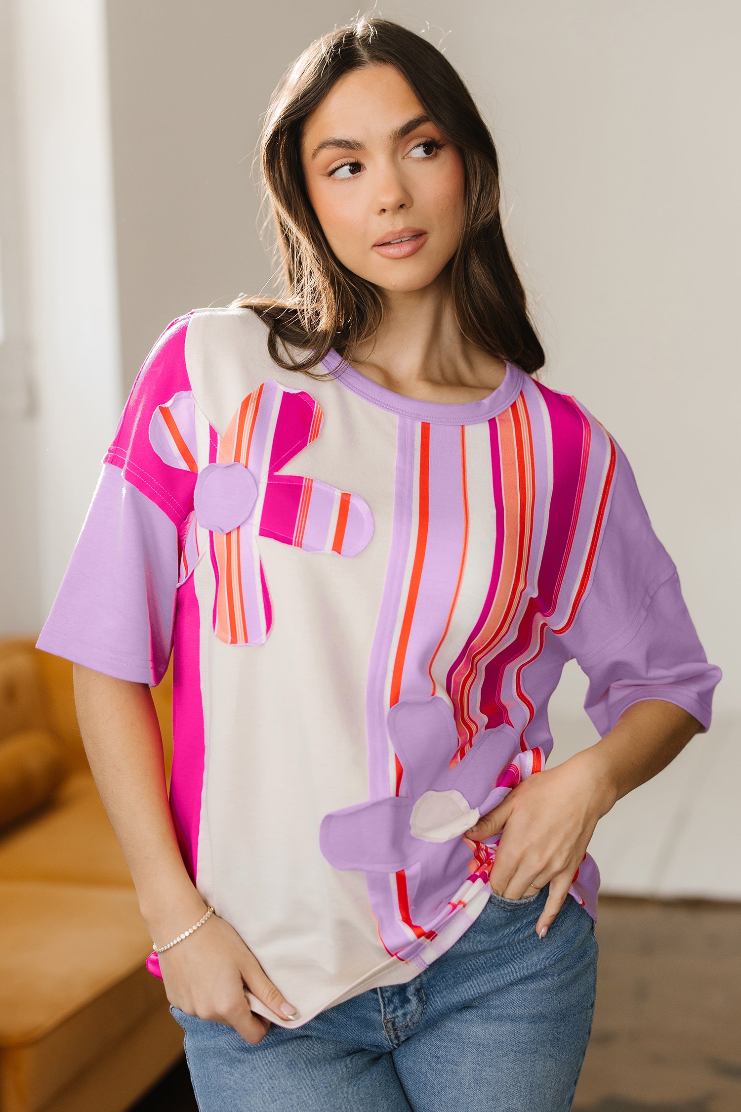 Pink Striped Color Block Flower Patched Half Sleeve Loose Top Pink 80%Polyester+15%Cotton+5%Elastane e5089a67583edc37