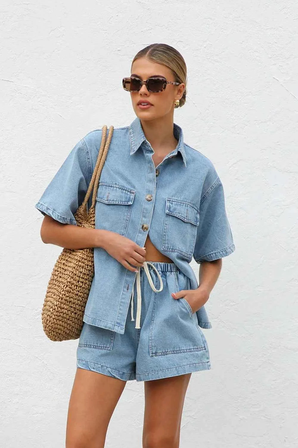 Collared Neck Button Up Top and Shorts Denim Set Light e50d091a-6186-4a4d-8b1c-3fddfe6c839e-Max
