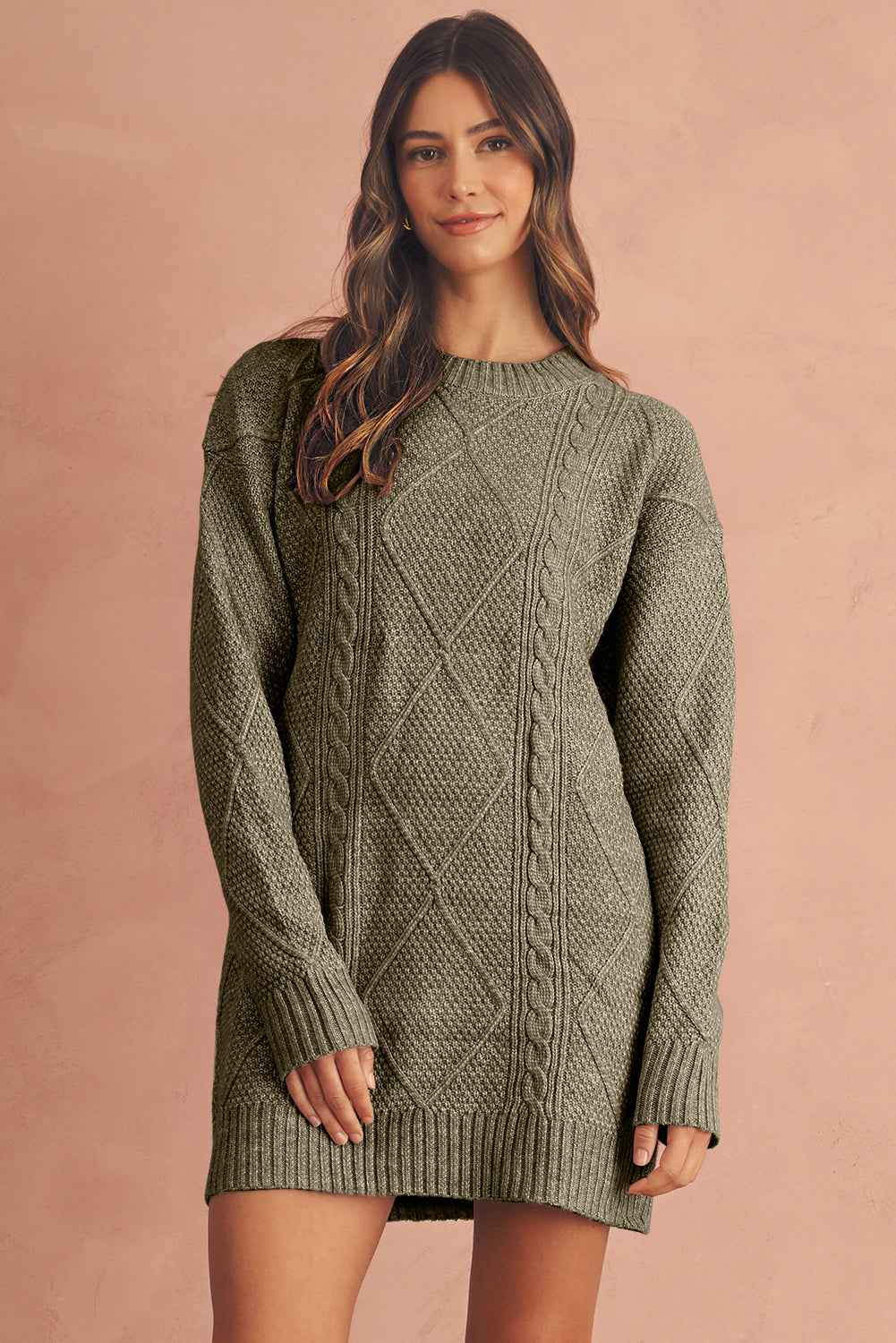 Oatmeal Cable Knit Drop Shoulder Loose Fit Sweater Dress Mist Green 100%Polyester e50f533f01d7fd56