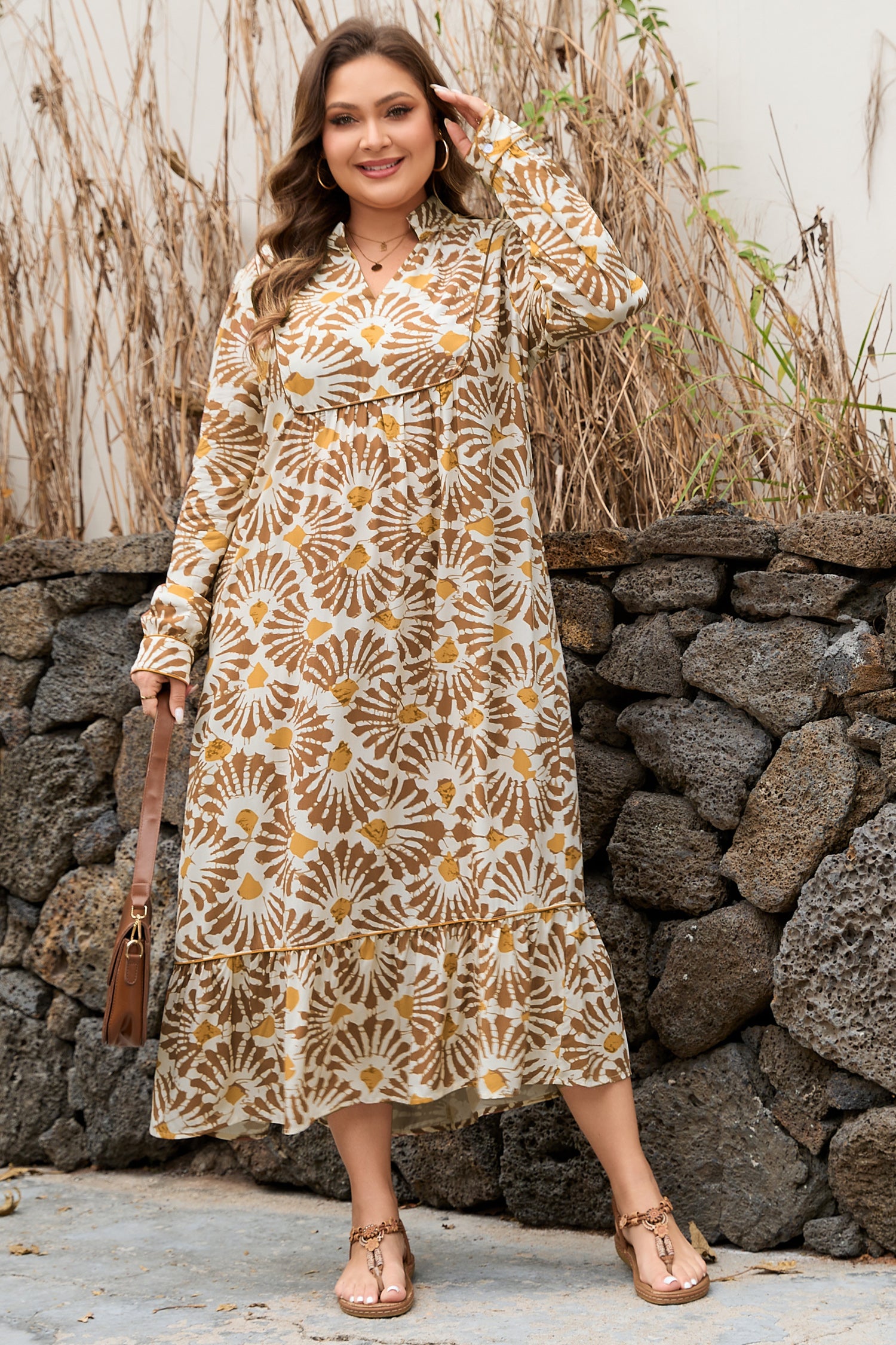 Khaki Abstract Plant Print Loose Plus Size Long Dress Khaki 100%Viscose e516fea441c15ed7