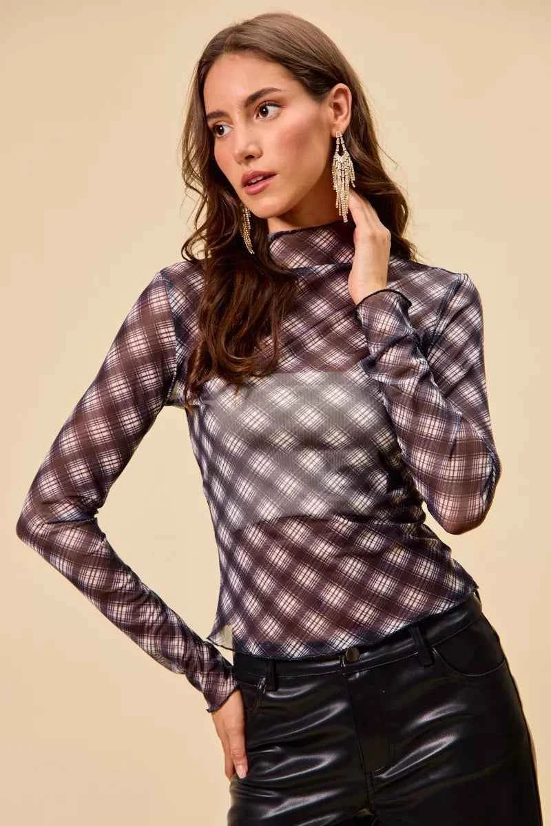 Plaid Mesh Knit Long Sleeve Top with Thumb Opening e521794cb42947ed907e7ae2260d3341-Max-Origin