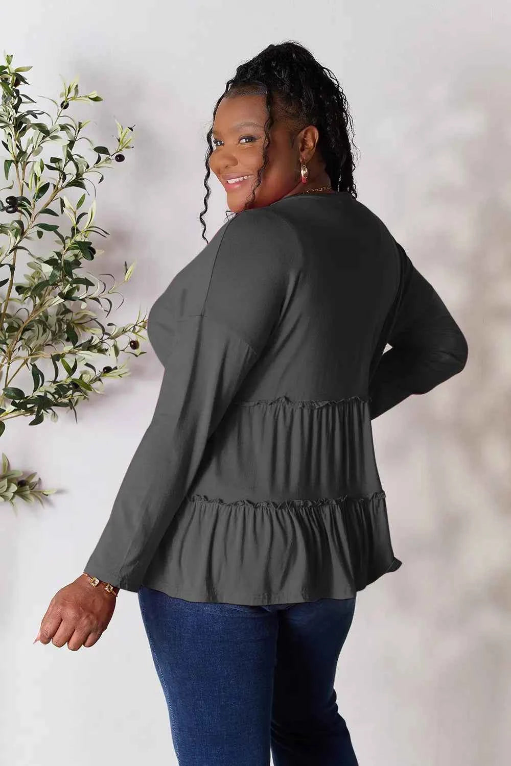 Double Take Half Button Long Sleeve Ruffle Hem Blouse e521c814b6874f6fb533ae51f2fe6fc0-Max