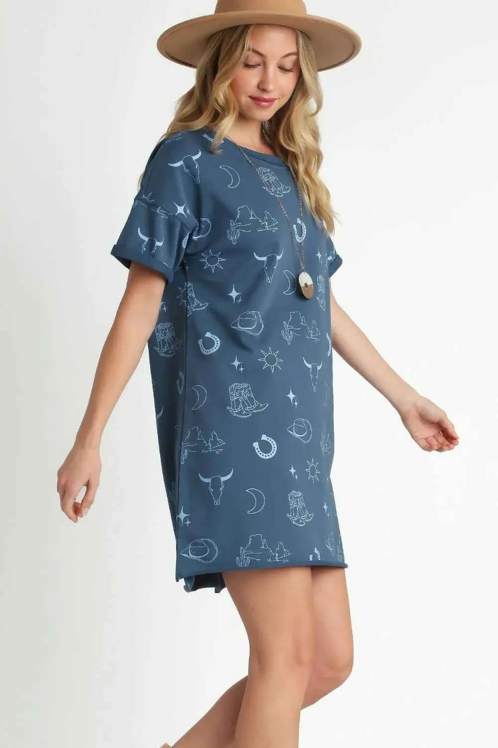 Umgee Full Size French Terry Short Sleeve Round Neck Dress Plus Size e5225cda-4165-4756-abd7-4710a066cd20-Max