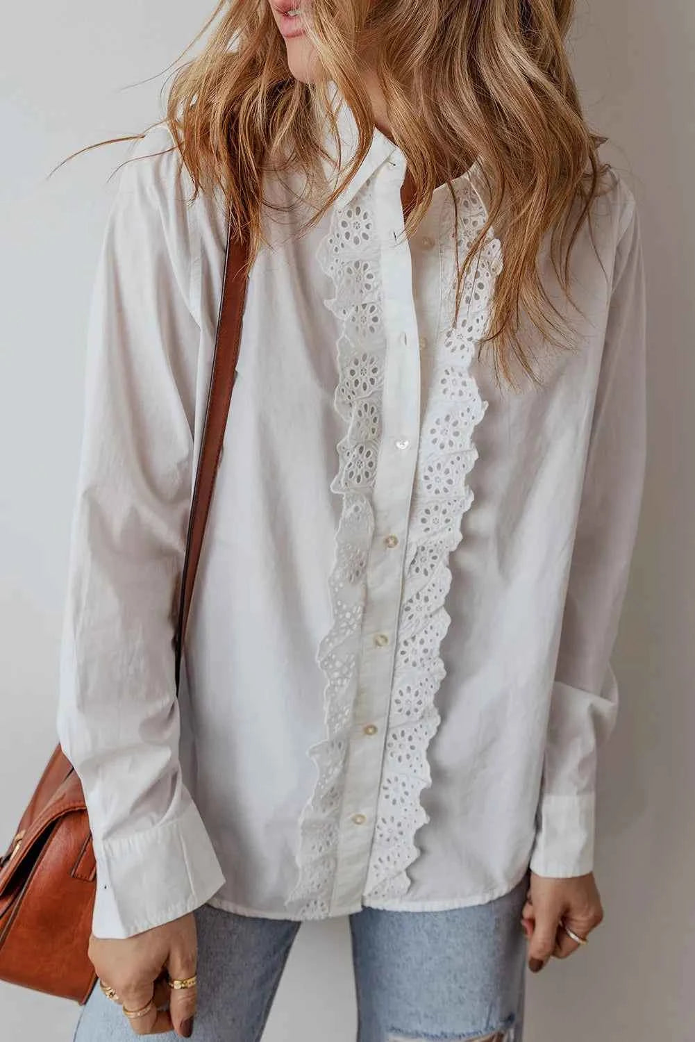 Eyelet Button Down Long Sleeve Shirt White e529b066-37f7-4e21-8b57-ce6576a9e073-Max